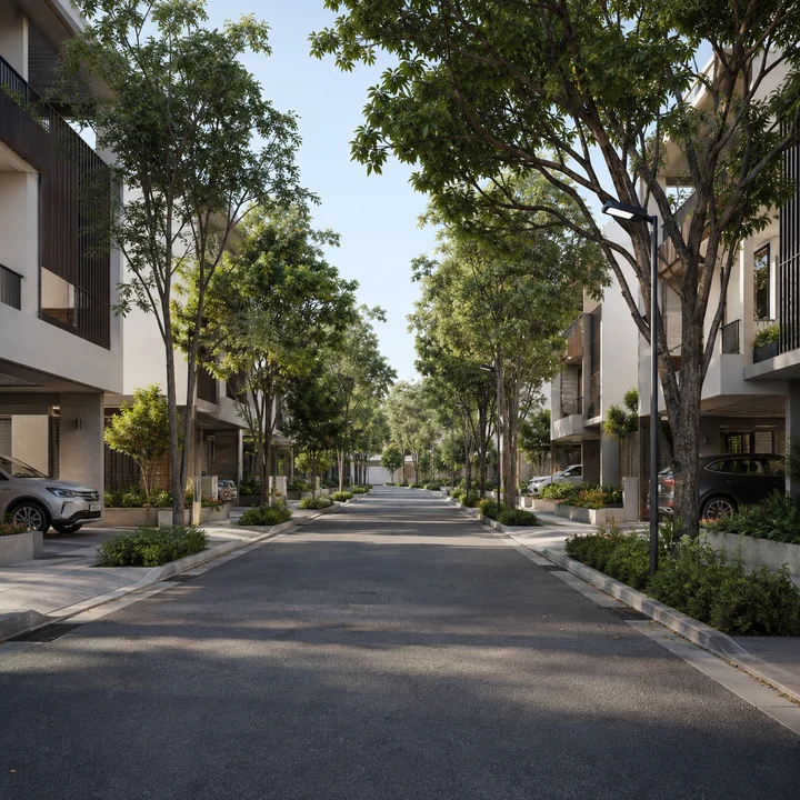 Urban Oasis indicative internal residential street between facing rows of ground-plus-two villas with ground-level garages Urban Oasis indicative internal residential street between facing rows of ground-plus-two villas with ground-level garages